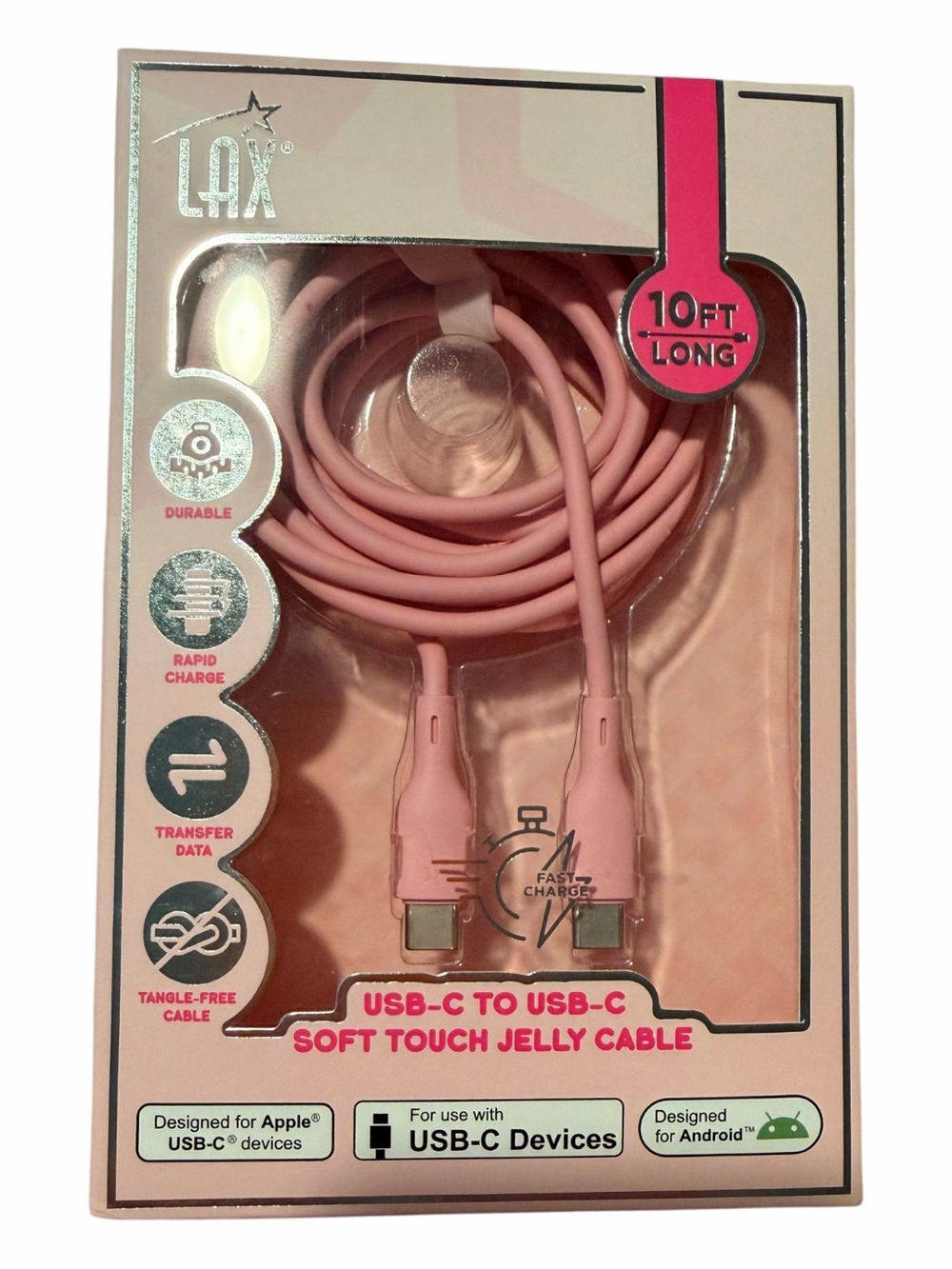 NEW LAX 10’ USB-C to USB-C Soft Touch Jelly Cable Pink (10 ft) New In Box